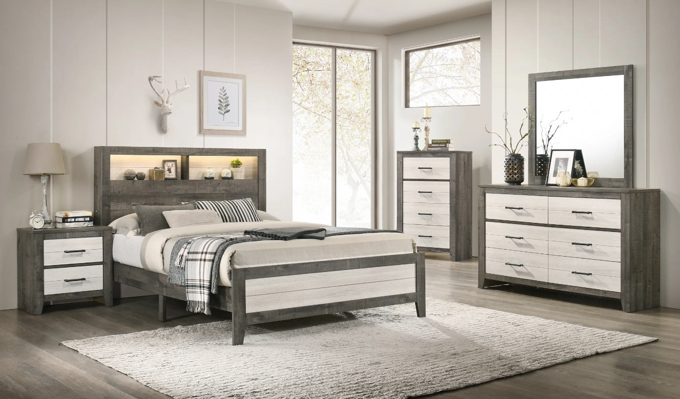 Brown and Cream LED Bookcase Queen Bedroom Set