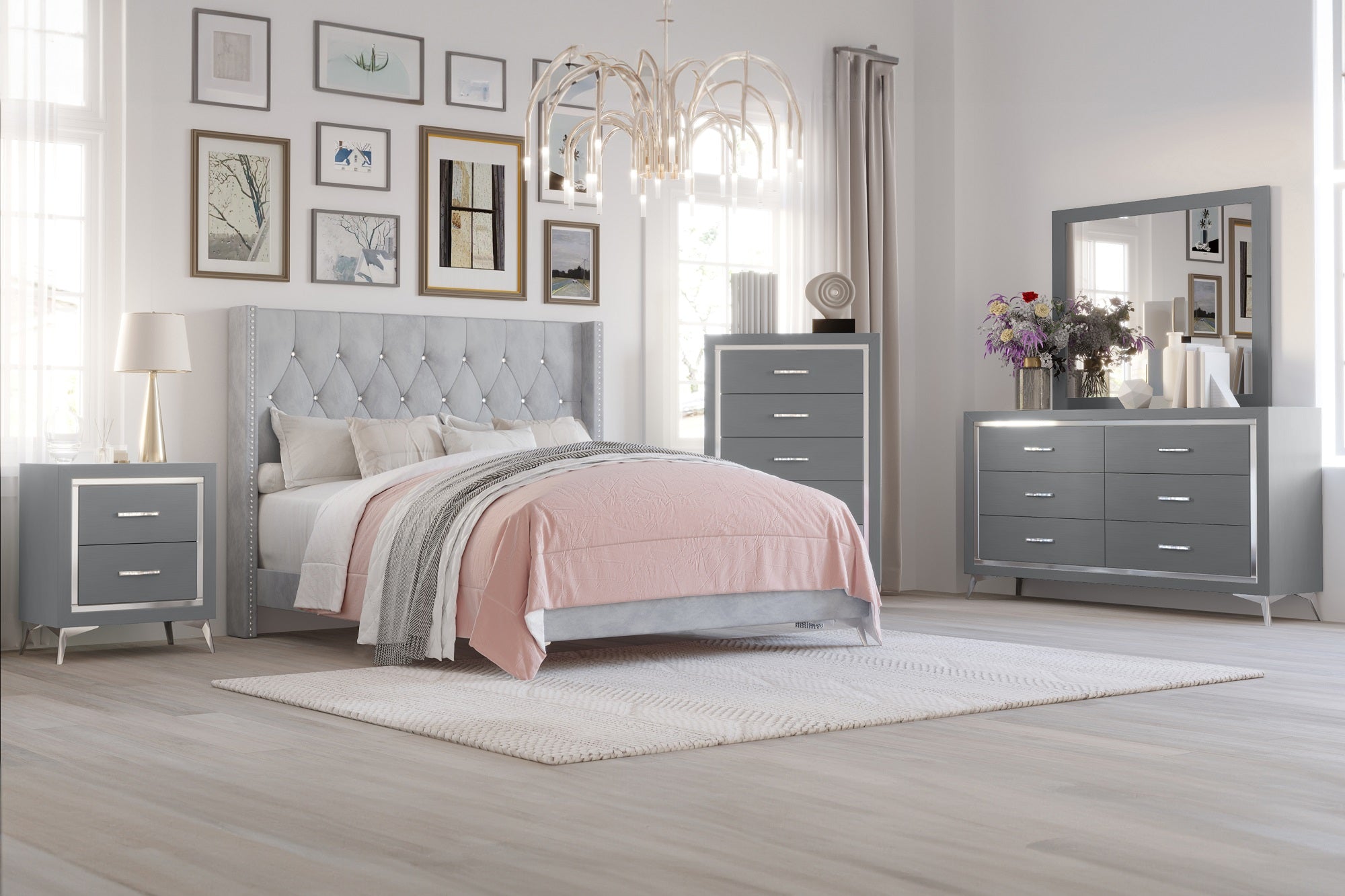 Huxley Contemporary Glam Gray King Bedroom Set