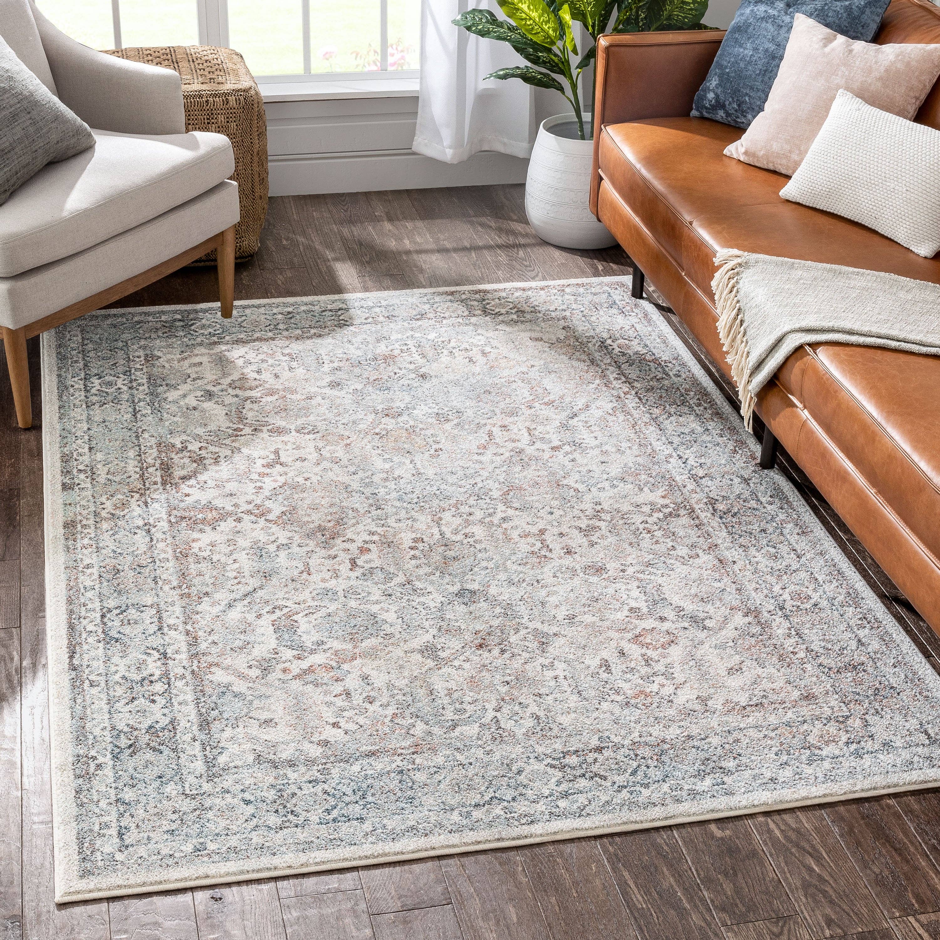 Salida Vintage Oriental Botanical Border Grey Beige Rug: 5'3 x 7'3