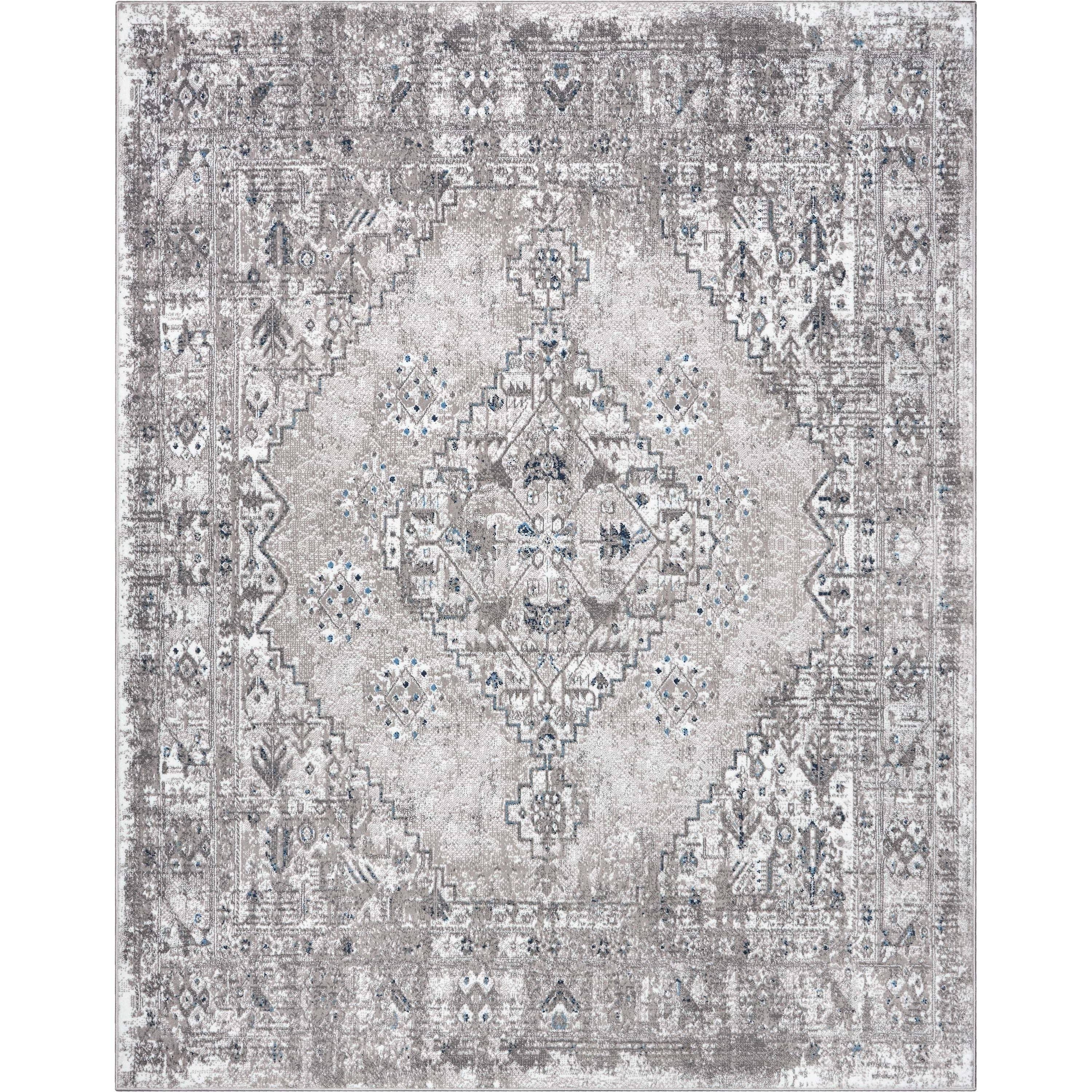 Trieste Vintage Floral Medallion Pattern Ivory Grey Rug: 5'3 x 7'3