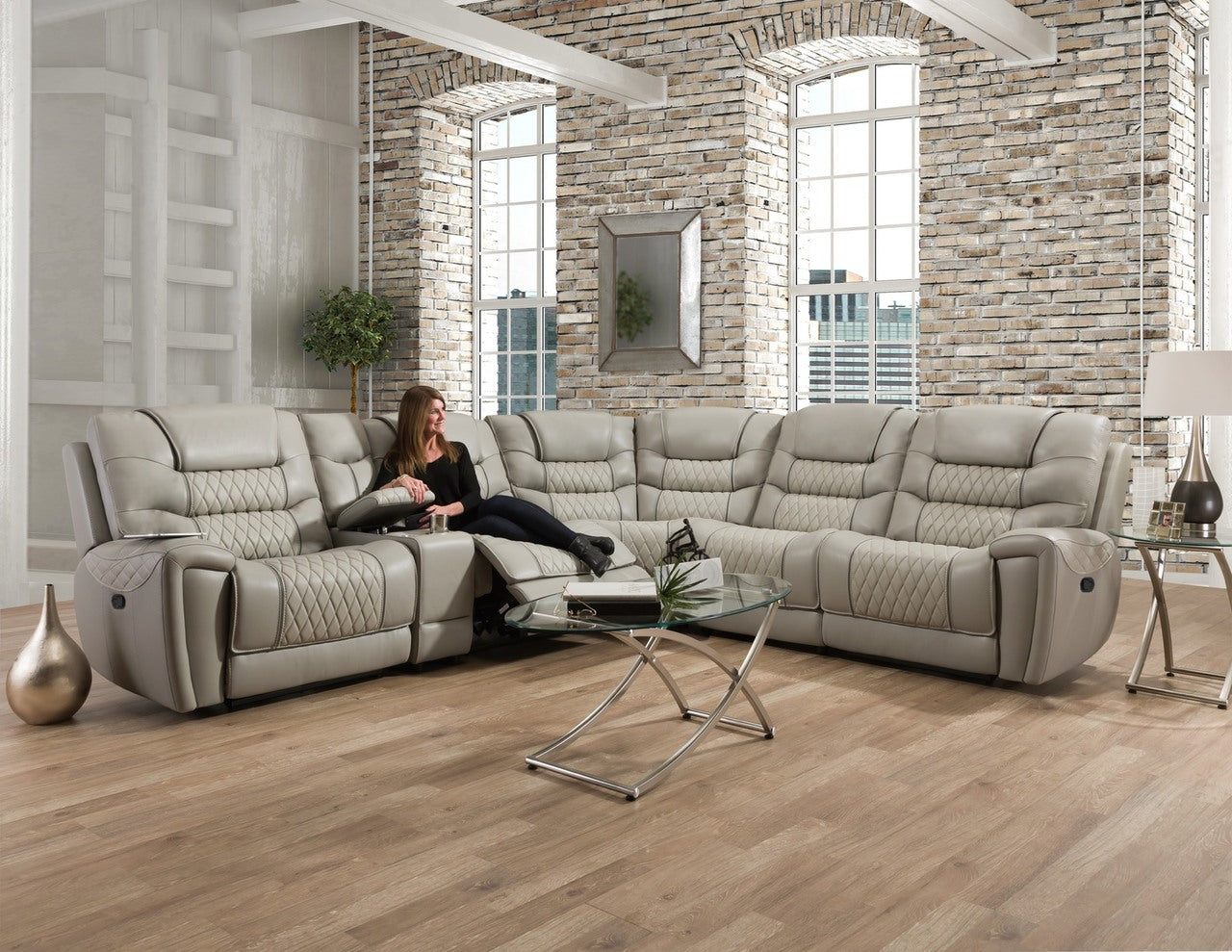 Diamondback Reclining Cream and Light Gray Sectional