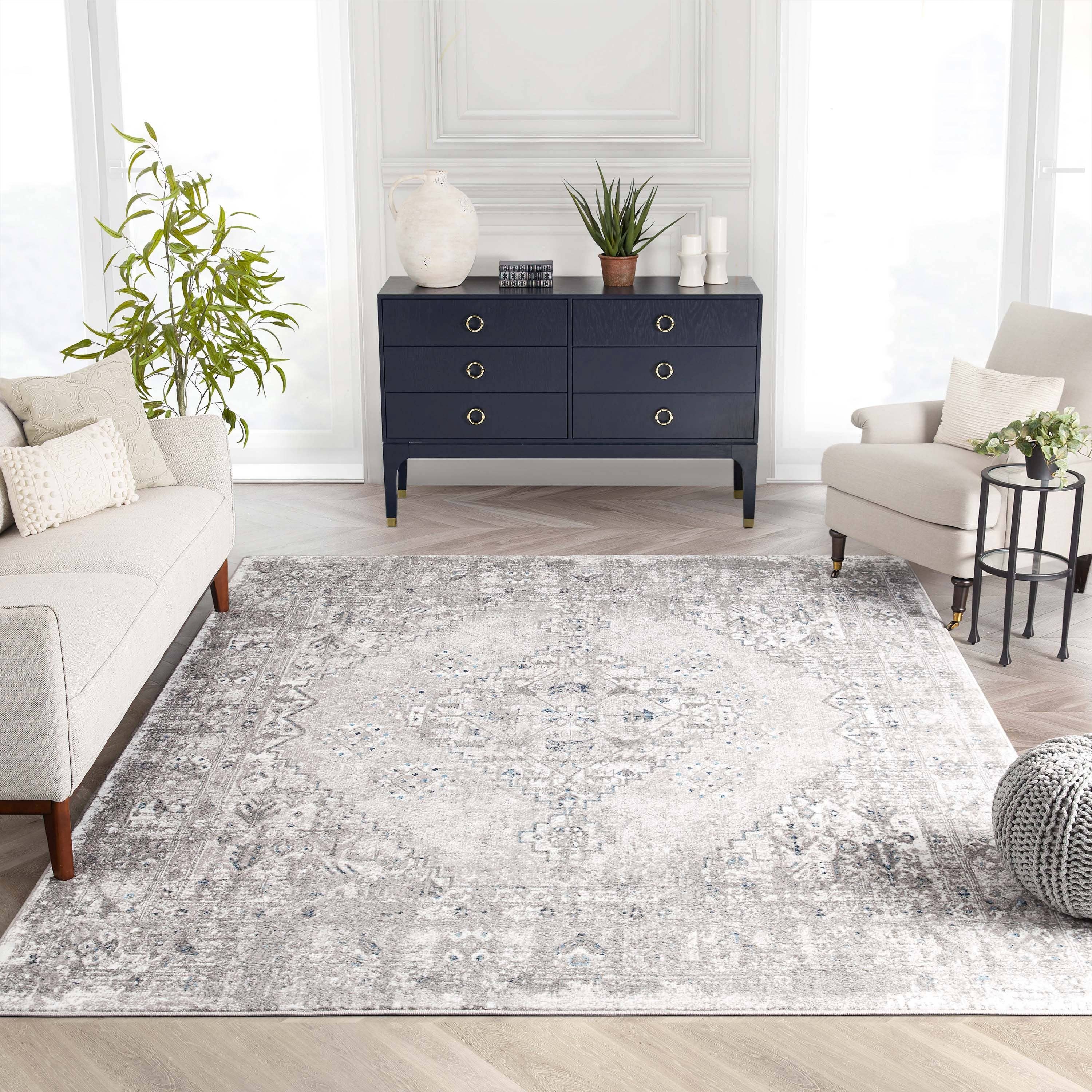 Trieste Vintage Floral Medallion Pattern Ivory Grey Rug: 5'3 x 7'3