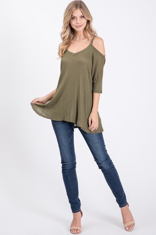 Waffle v neck cold shoulder hi-low top