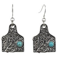 JUSTIN EARRINGS FILIGREE COW TAG W/TURQ COLORED STON